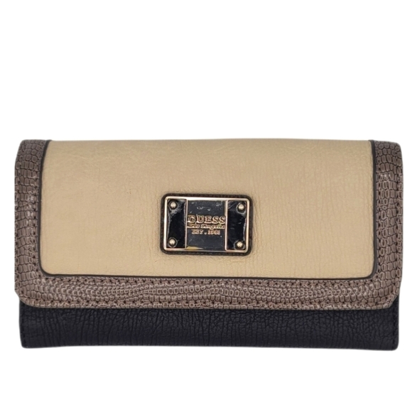 Guess Brand Tri-fold Wallet 7x4 Black Tan - Picture 1 of 5